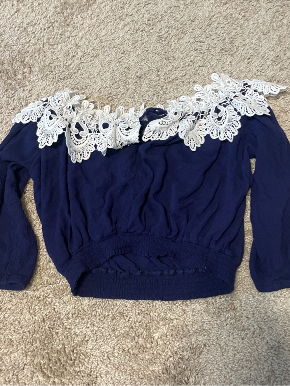 Navy Off-Shoulder Top with White Lace Trim